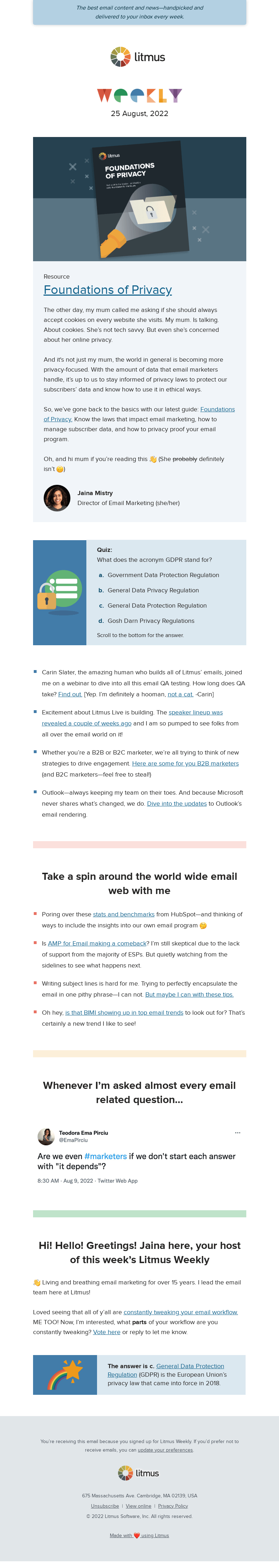Письмо компании «Litmus» на тему «Privacy proof your email program, learn what’s changed in Outlook, and more»