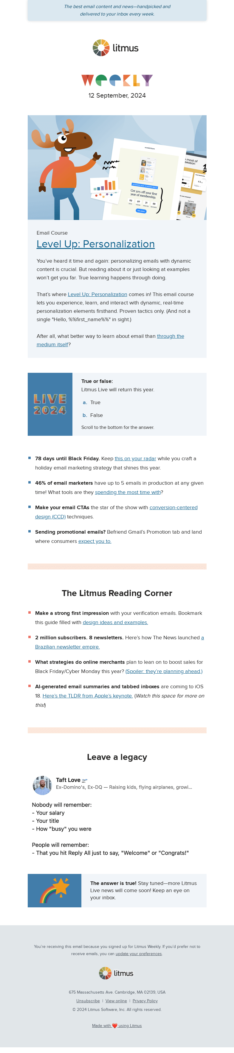 Письмо компании «Litmus» на тему «Tech stacks, proven personalization tactics (+ free course), and
 more»