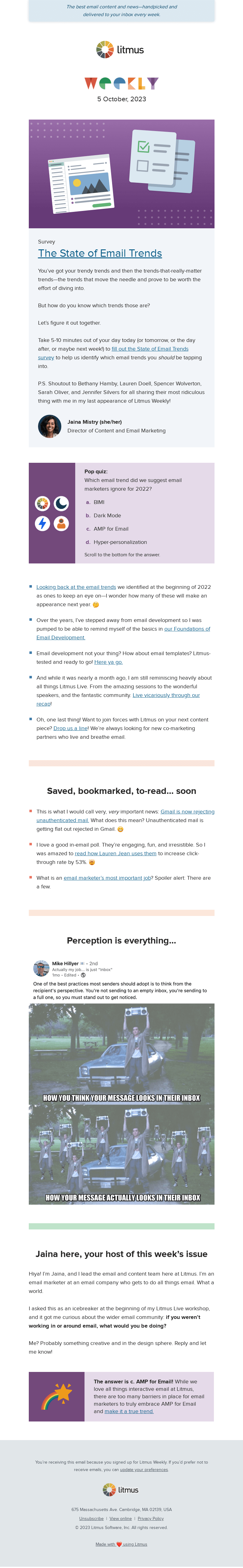 Письмо компании «Litmus» на тему «Trendy email trends, going back to the basics of email development,
 and more»