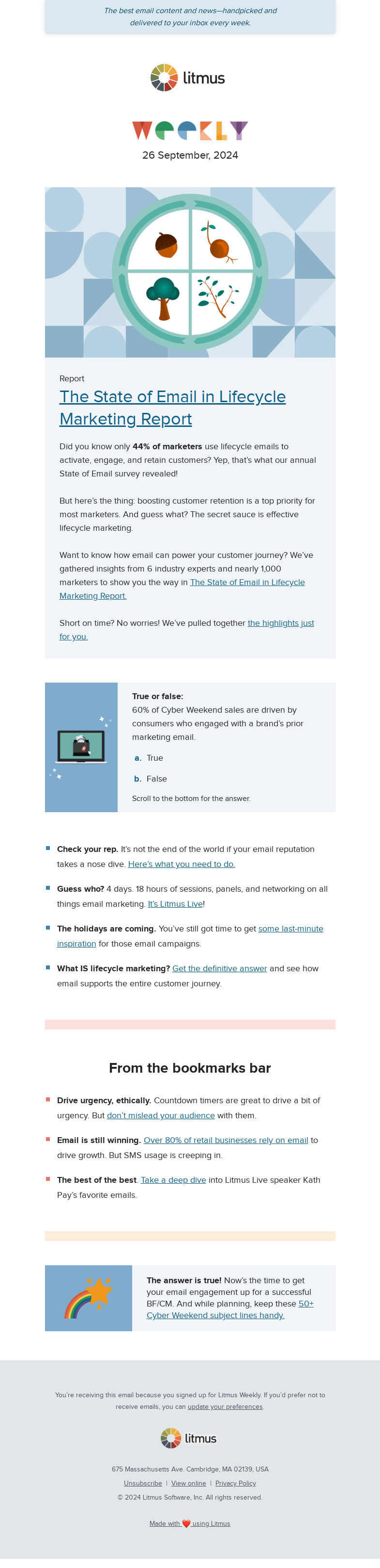 Письмо компании «Litmus» на тему «Discover the key to effective lifecycle marketing, how to fix your
 email rep, and more»