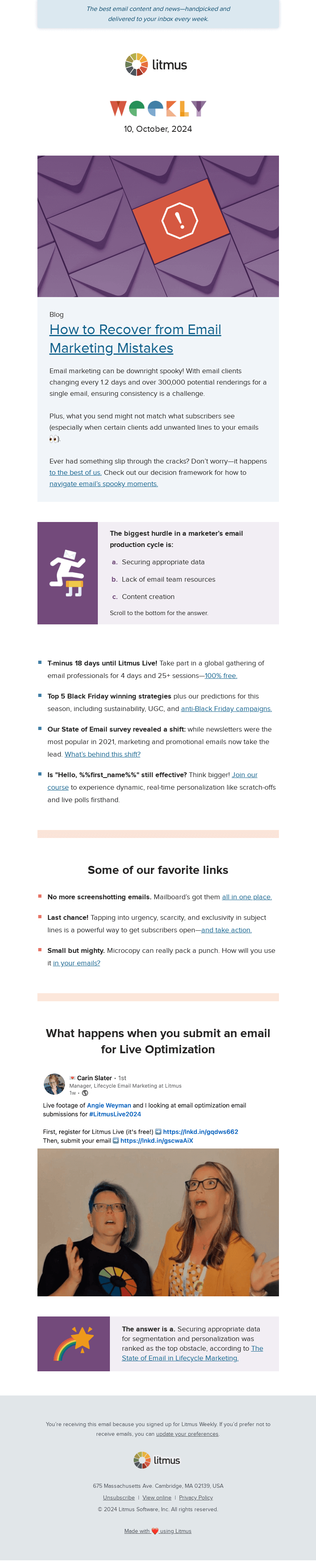 Письмо компании «Litmus» на тему «How to navigate spooky email moments, the most-used type of email,
 and more»