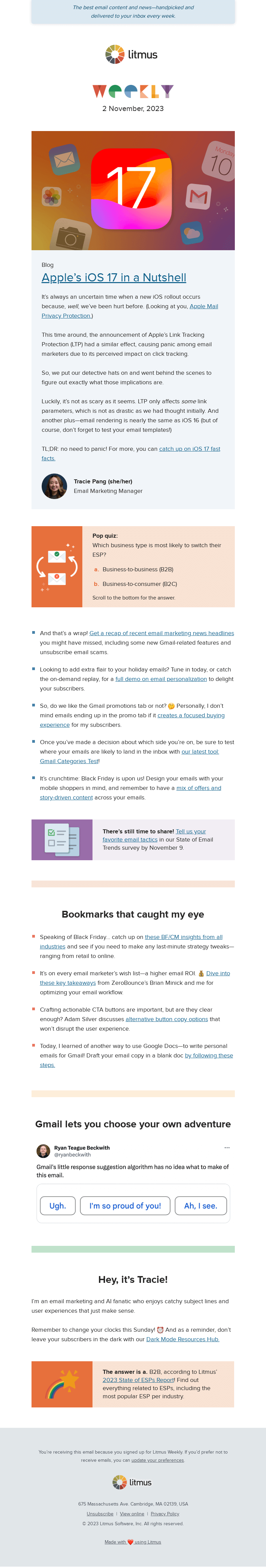Письмо компании «Litmus» на тему «What you need to know about iOS 17, add these final touches to your
 Black Friday emails, and more»