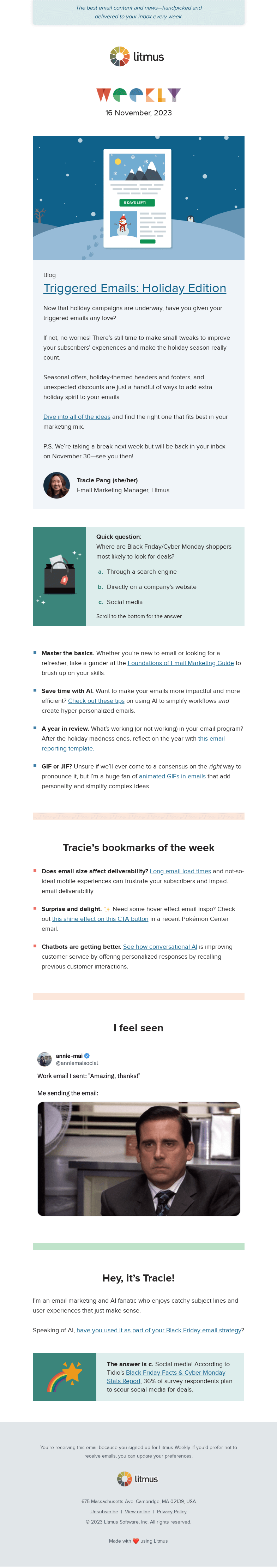 Письмо компании «Litmus» на тему «Add holiday cheer to your triggered emails, brush up on email
 marketing basics, and more»