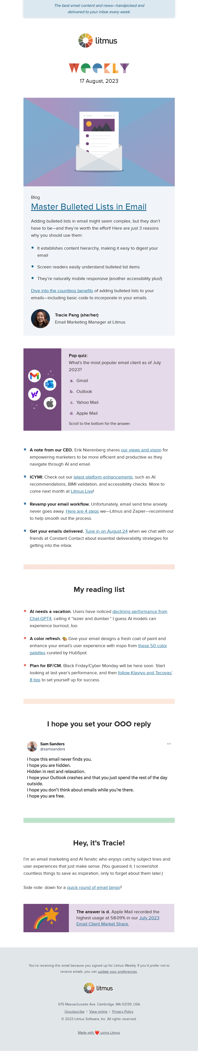 Письмо компании «Litmus» на тему «Create perfect bullet points in your email, tactics to help you hit
 the inbox, and more»