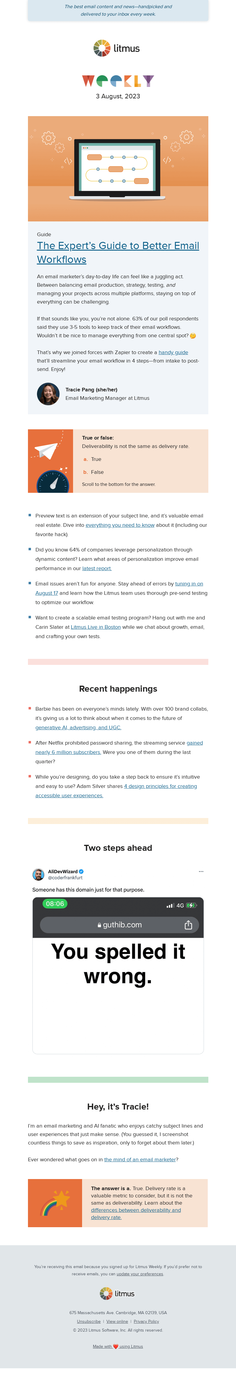 Письмо компании «Litmus» на тему «Streamline your email workflow with our new guide, personalization
 tactics to test today, and more»