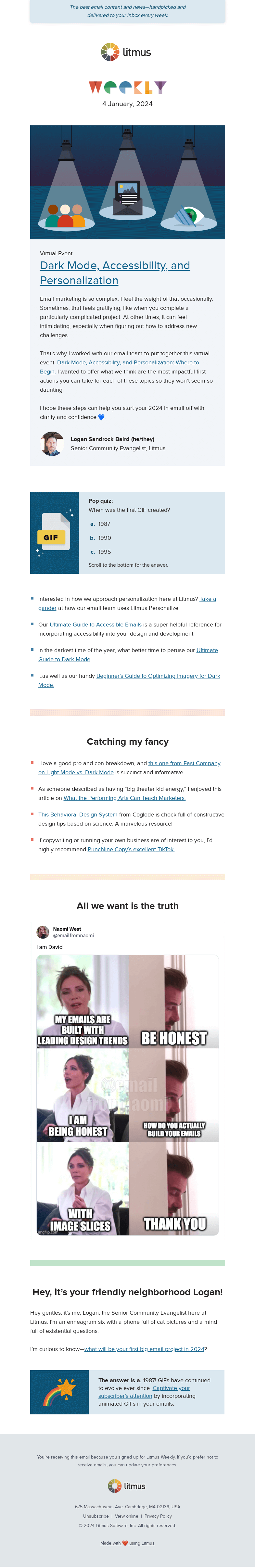 Письмо компании «Litmus» на тему «Overcoming 3 common email hurdles, top Dark Mode resources, and
 more»