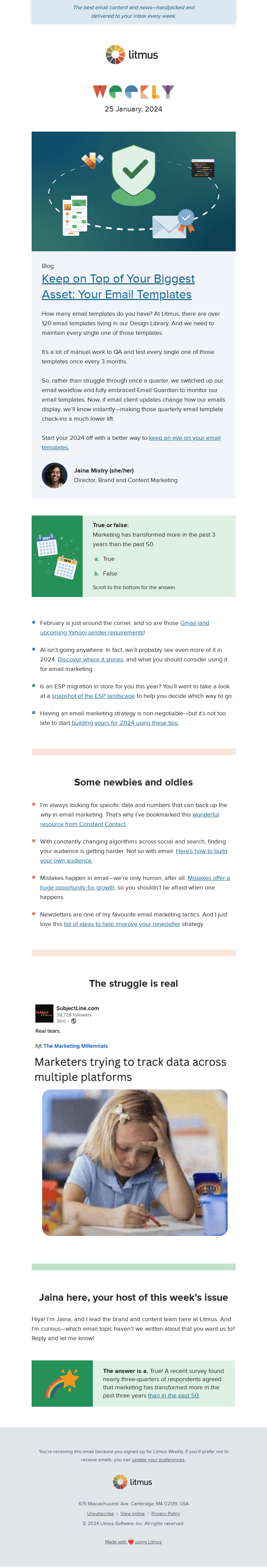 Письмо компании «Litmus» на тему «How to maintain a library of 100+ email templates, newsletter
 strategy tips, and more»