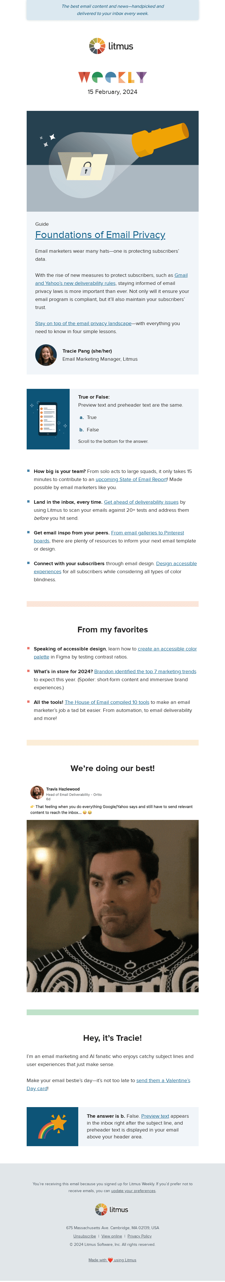 Письмо компании «Litmus» на тему «4 lessons to privacy-proof your email program, gather email inspo
 from the pros, and more»