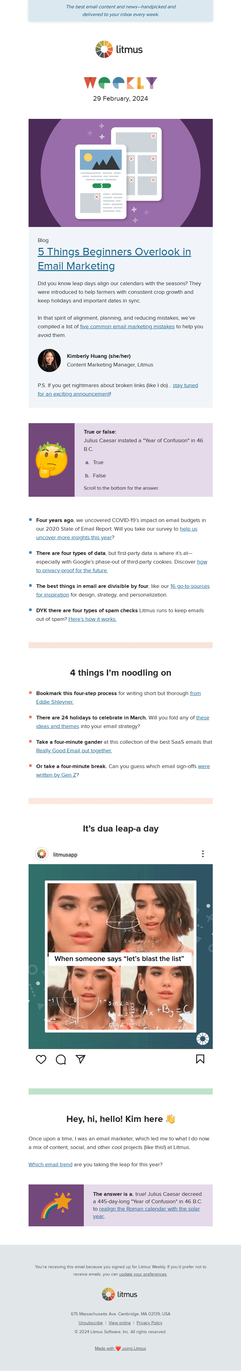Письмо компании «Litmus» на тему «5 rookie email marketing mistakes, why the best things in email
 come in 4, and more»