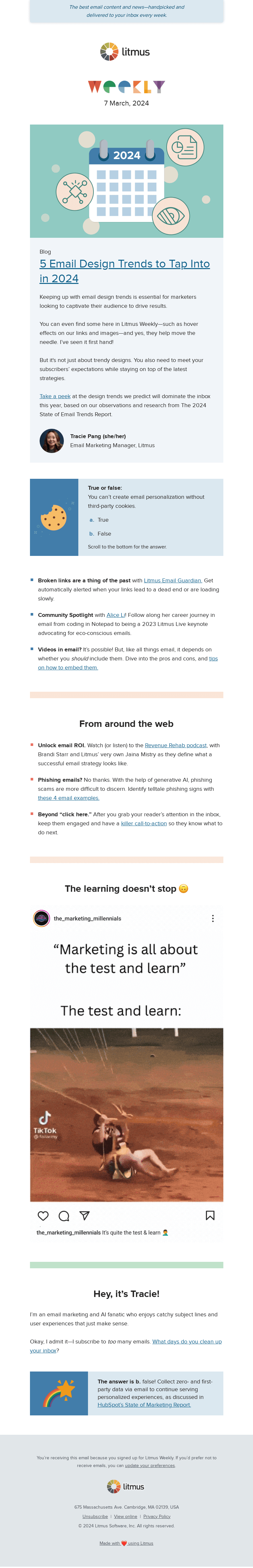 Письмо компании «Litmus» на тему «Must-try email design strategies, boost engagement by embedding
 videos in email, and more»