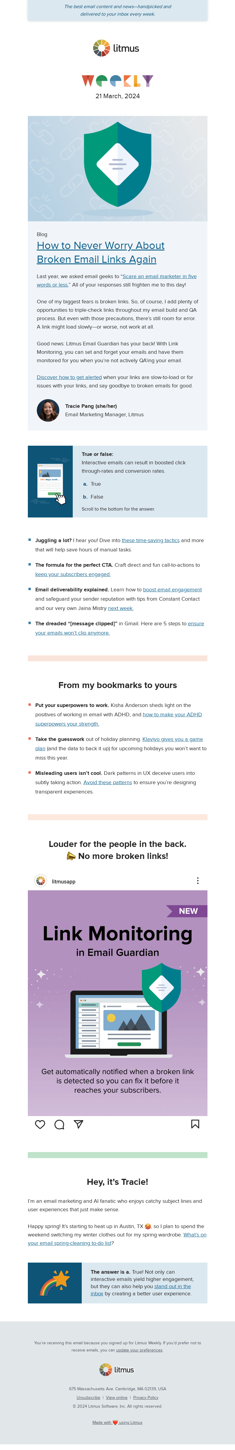 Письмо компании «Litmus» на тему «Say goodbye to broken links in emails, the secret sauce to the best
 call-to-actions, and more»