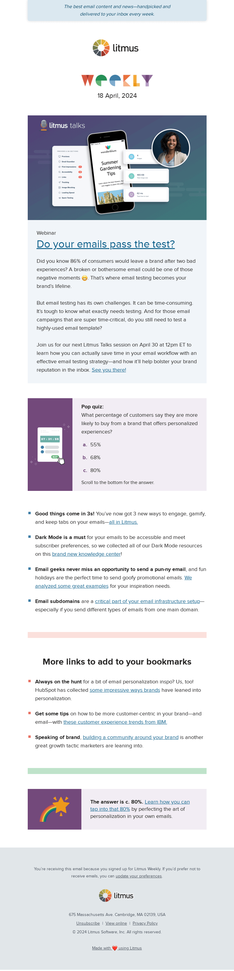 Письмо компании «Litmus» на тему «Get pumped about email testing (no really!), get a peek at what’s new in Litmus, and more»