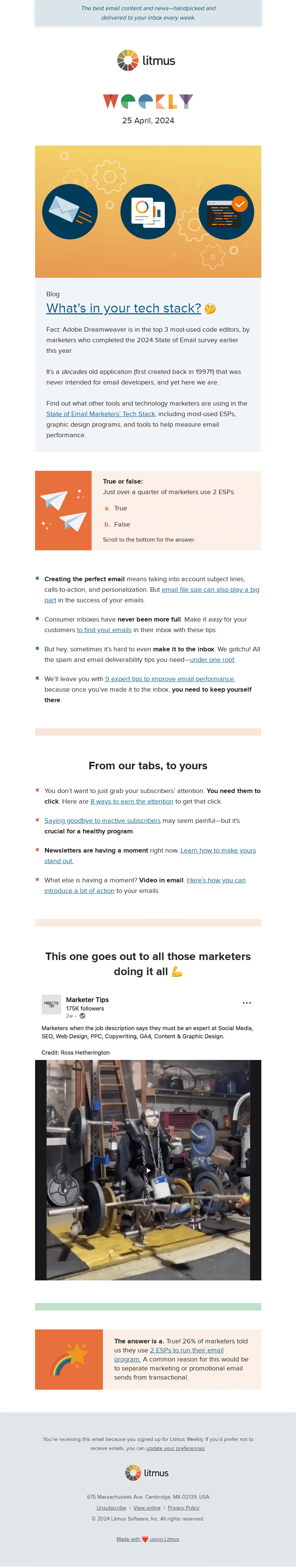 Письмо компании «Litmus» на тему «Take a peek into the marketers’ tech stack, make it easy for customers to find your emails, and more»