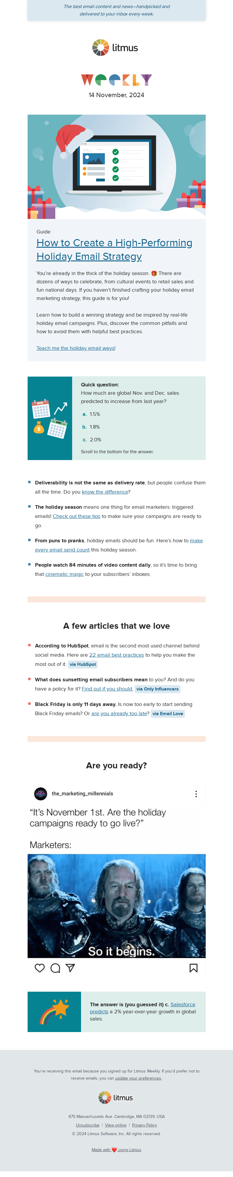 Письмо компании «Litmus» на тему «Do you have a high-performing holiday email strategy? Plus, info on
 triggered emails»