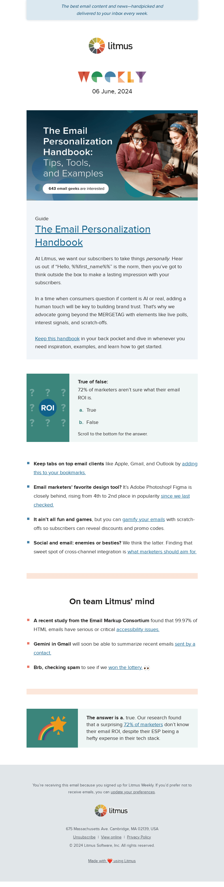 Письмо компании «Litmus» на тему «Personalization in your back pocket, email designers favorite
 tools, top 10 email clients, and more»