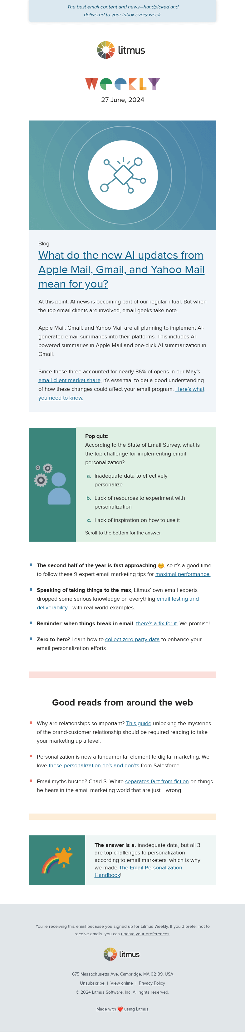 Письмо компании «Litmus» на тему «What Apple Mail's AI updates mean for you, expert tips to boost
 email performance, and more»