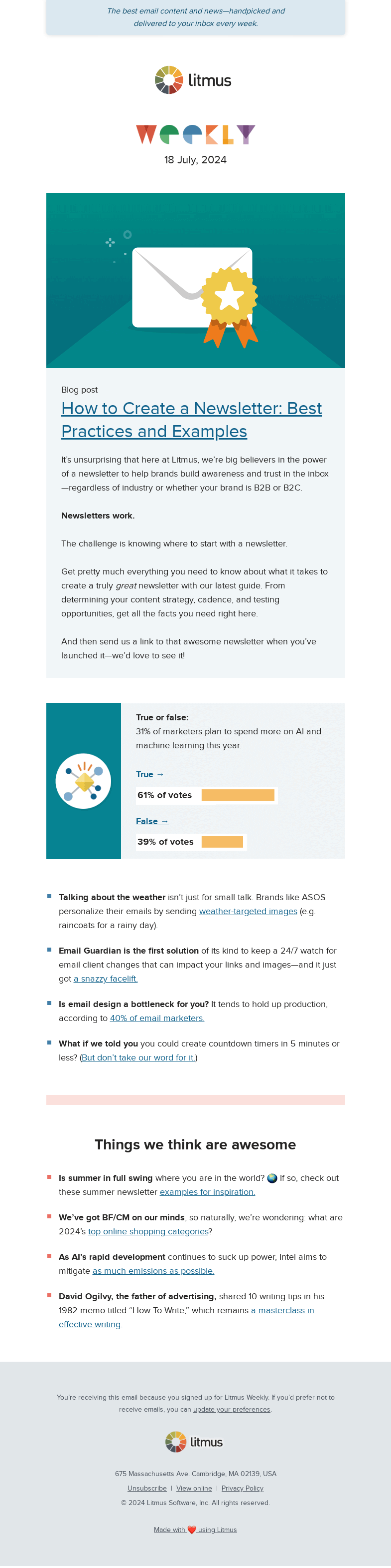 Письмо компании «Litmus» на тему «How to start a newsletter, craft countdown timers in 5 minutes or
 less, and more»