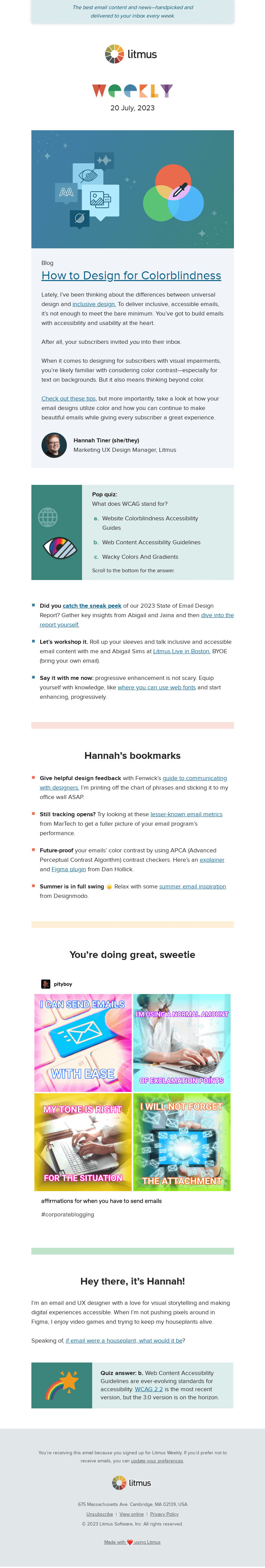 Письмо компании «Litmus» на тему «Design accessible emails for colorblindness, include progressive
 enhancements in your emails, and more»