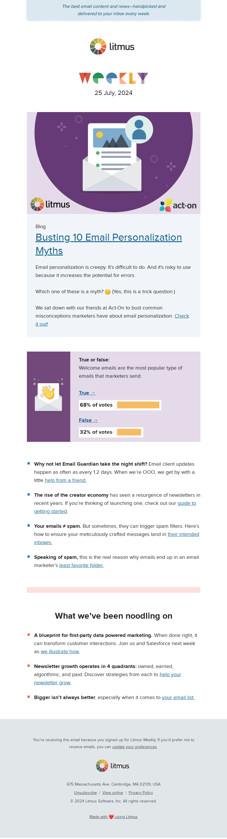 Письмо компании «Litmus» на тему «10 email personalization myths, why emails end up in spam, and how
 to launch a newsletter»