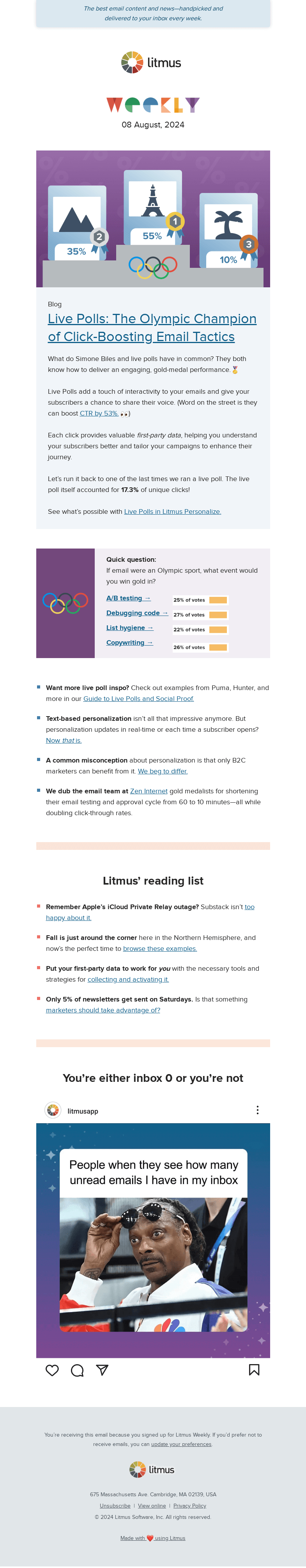 Письмо компании «Litmus» на тему «The Olympic champ of click-boosting tactics, rethinking
 personalization, and more»