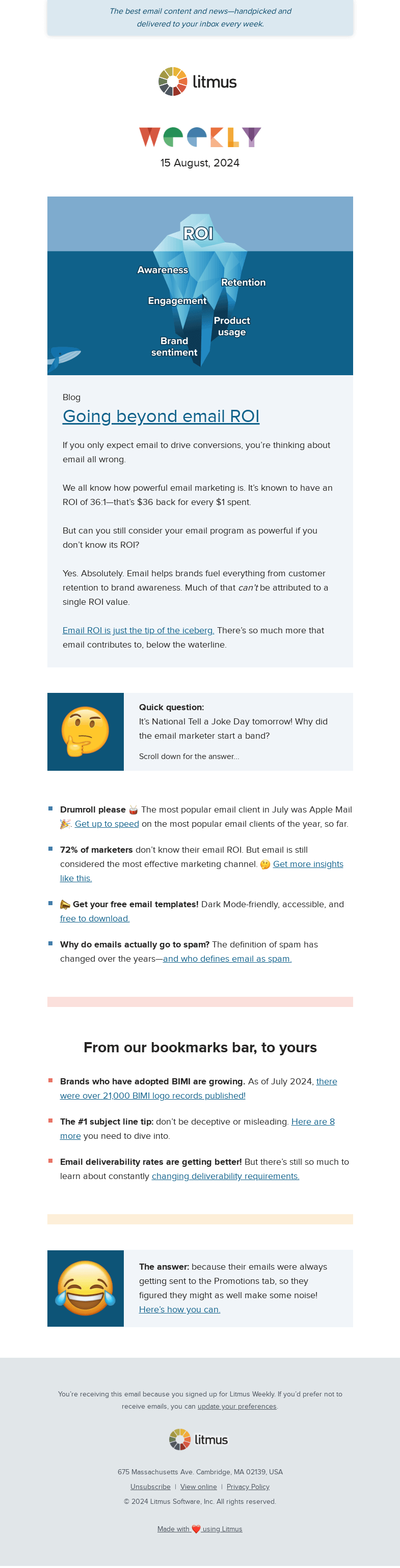 Письмо компании «Litmus» на тему «Why email ROI is misunderstood, discover July’s most popular email client, and more»