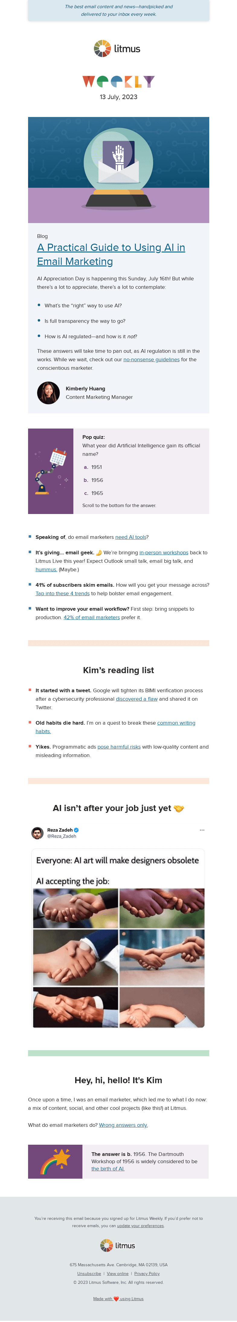 Письмо компании «Litmus» на тему «Your no-nonsense guide to AI in email, try these 4 trends for
 better engagement, and more»