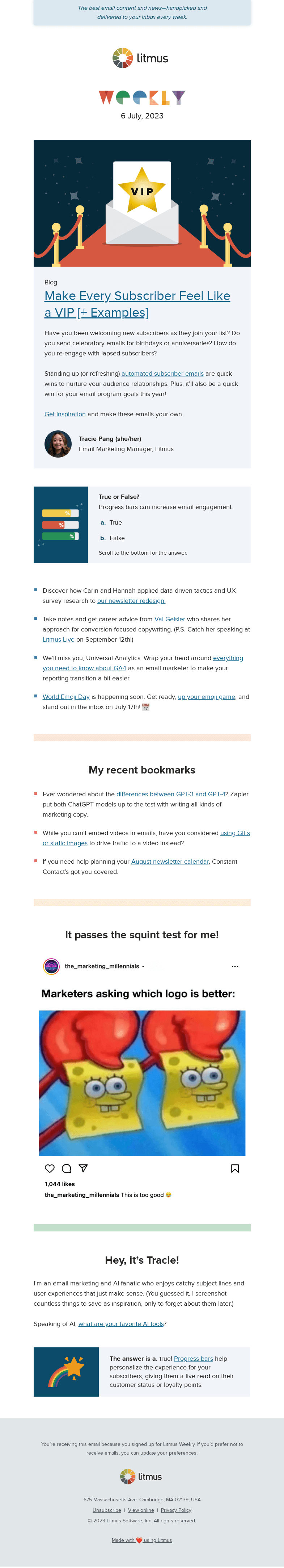Письмо компании «Litmus» на тему «5 subscriber-centric email we love, revamp your newsletter, and
 more»