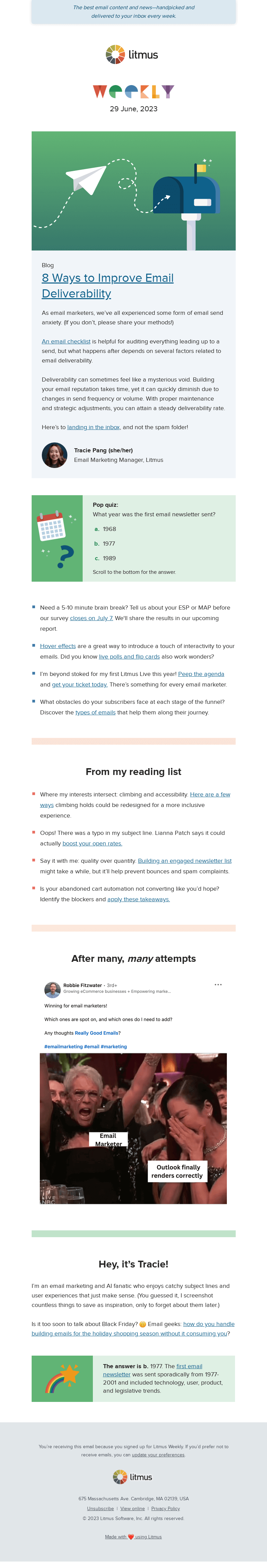 Письмо компании «Litmus» на тему «Get your emails into the inbox, interactive email tips for
 beginners, and more»