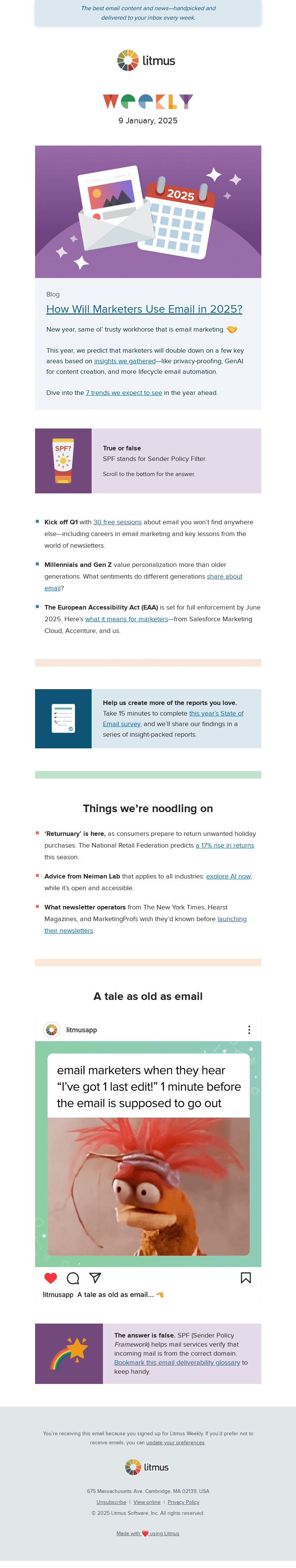 Письмо компании «Litmus» на тему «Email trends and predictions, ‘Returnuary’ is here, advice from newsletter veterans, and more»