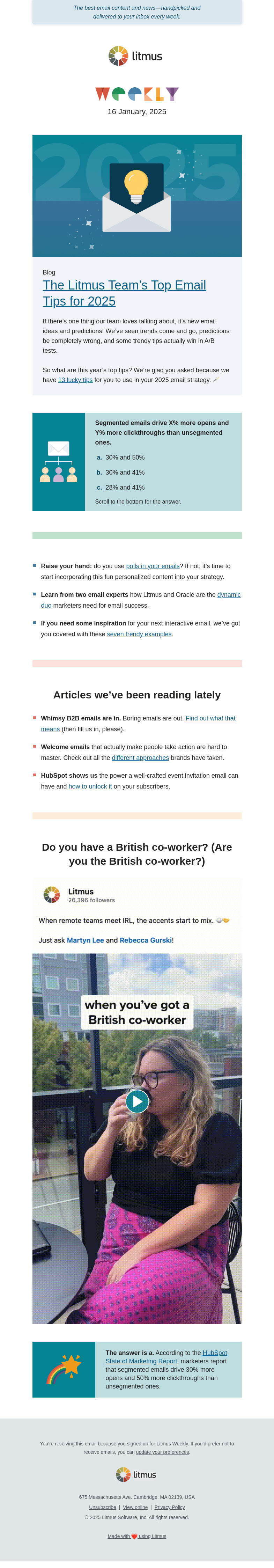 Письмо компании «Litmus» на тему «13 helpful email tips, the power of email polls, one email trend that’s very in, and more»