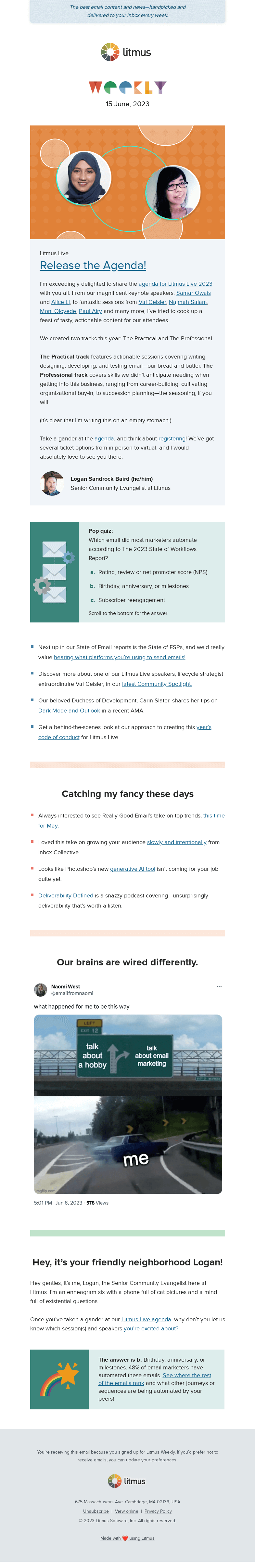 Письмо компании «Litmus» на тему «Say hello to our Litmus Live speakers, Dark Mode and Outlook AMA,
 and more»