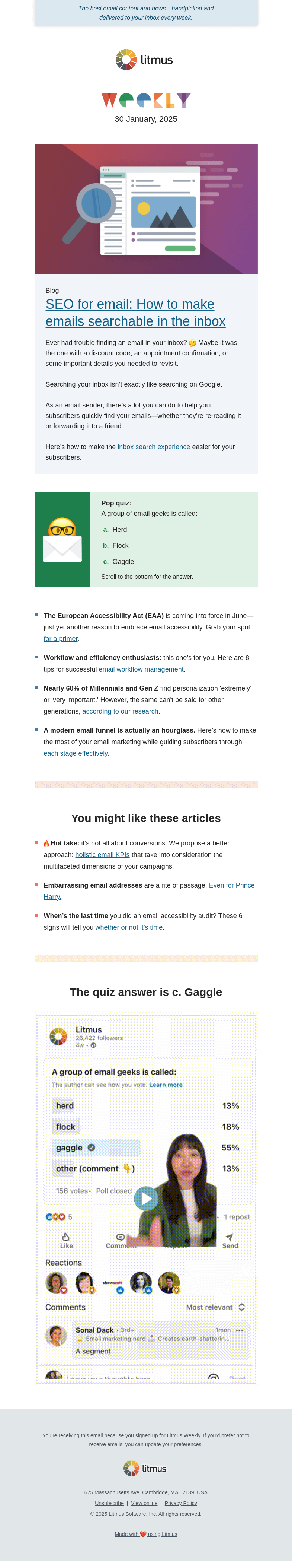 Письмо компании «Litmus» на тему «SEO for email, reimagining the email funnel, and generational
 divides in email»