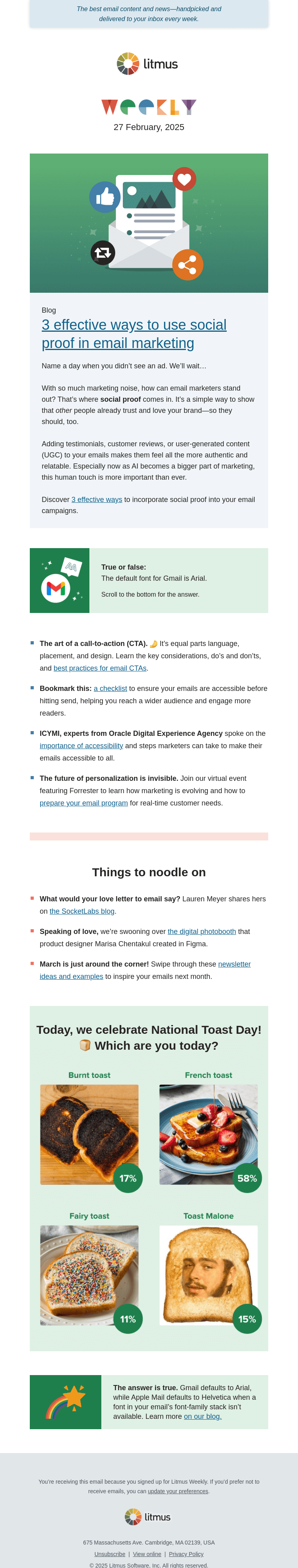 Письмо компании «Litmus» на тему «Social proof in email marketing, National Toast Day, and the art of
 CTAs»