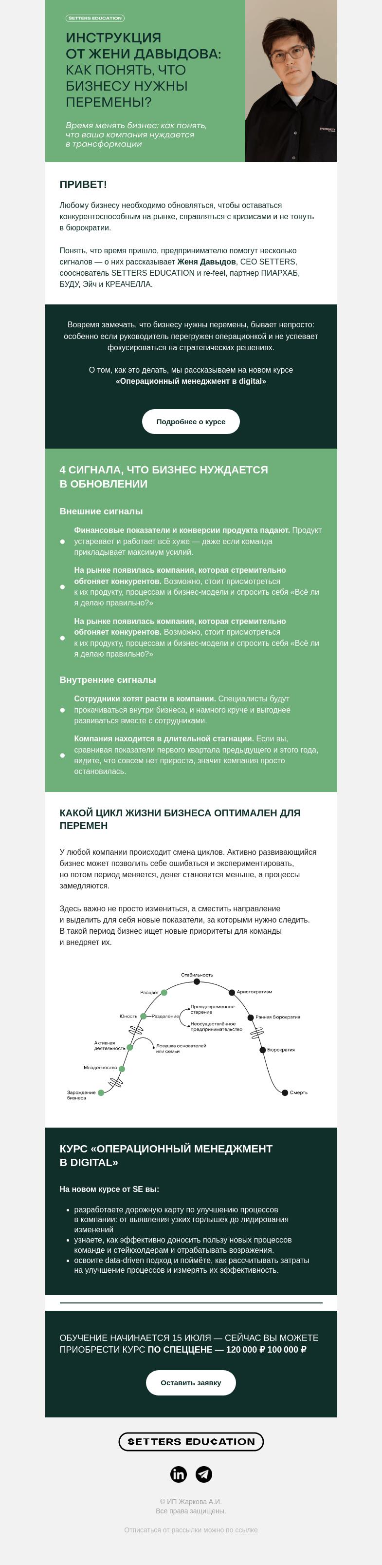 Письмо компании «SETTERS EDUCATION» на тему «Инструкция от Жени Давыдова: как понять, что бизнесу нужны перемены?»