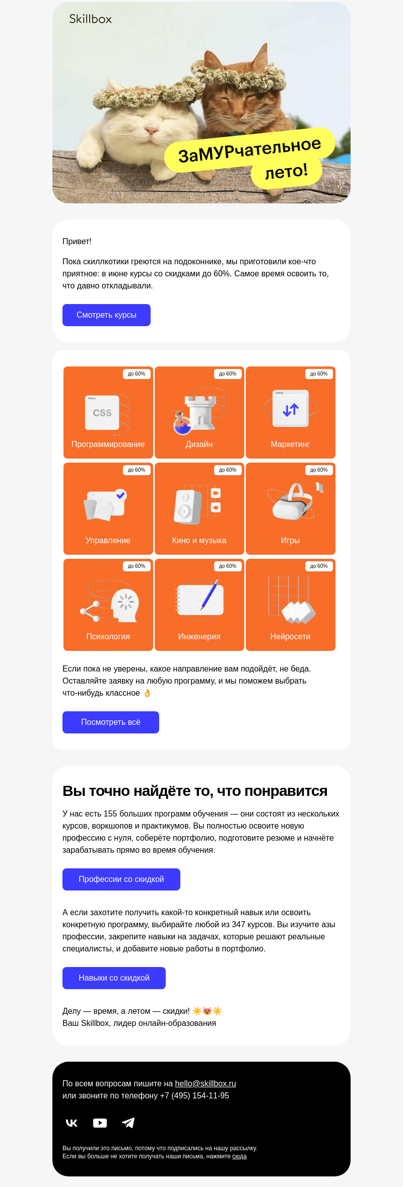 Письмо компании «Skillbox» на тему «😻 Лето. Скидки. Лапки.»