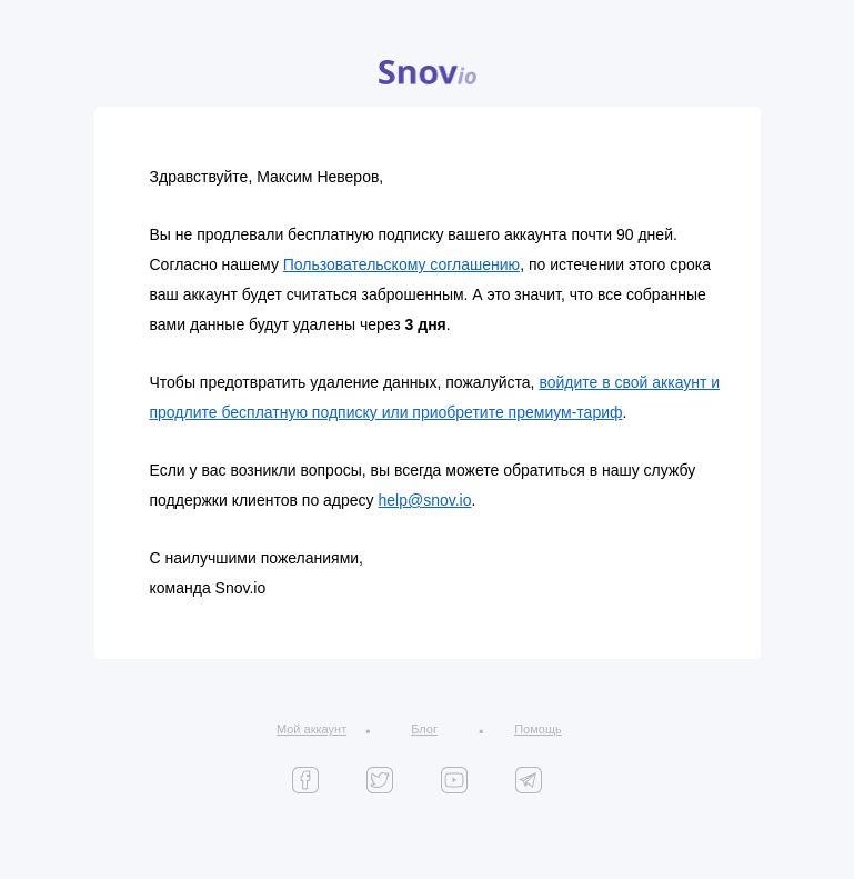 Письмо компании «Snov.io» на тему «Ваши данные будут удалены через»