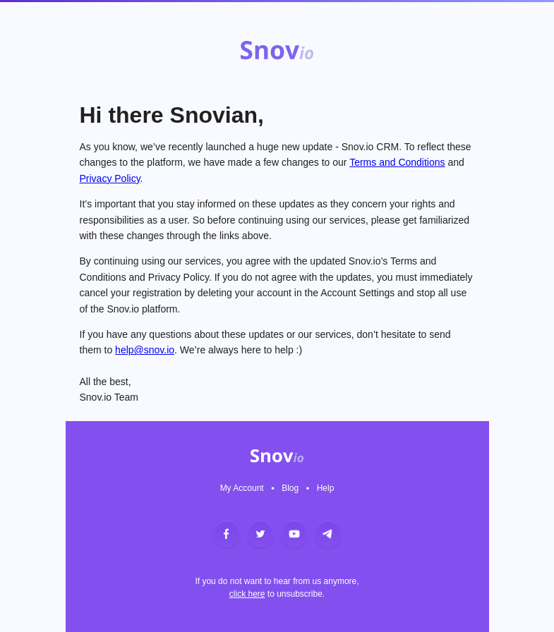 Письмо компании «Snov.io» на тему «Important changes to Snov.io Terms & Conditions»