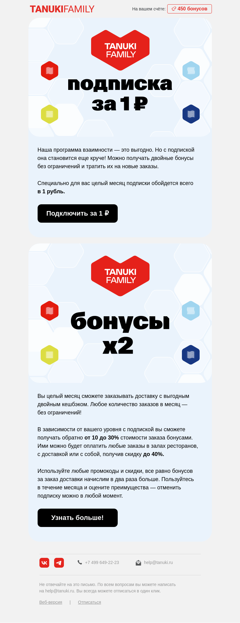 Письмо компании «TanukiFamily» на тему «Дарим подписку за 1 ₽»