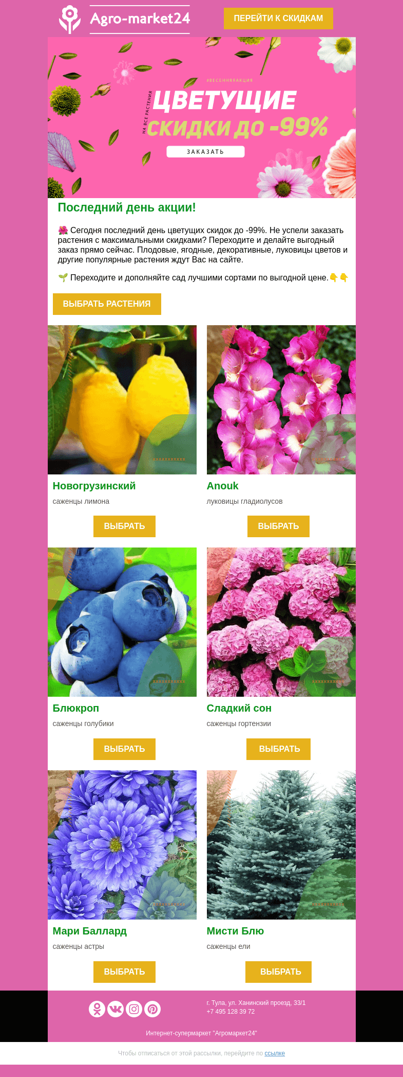 Письмо компании «Agromarket24» на тему «🌱🌸 Последний день акции! Скидки до -99% на все растения ждут Вас.»