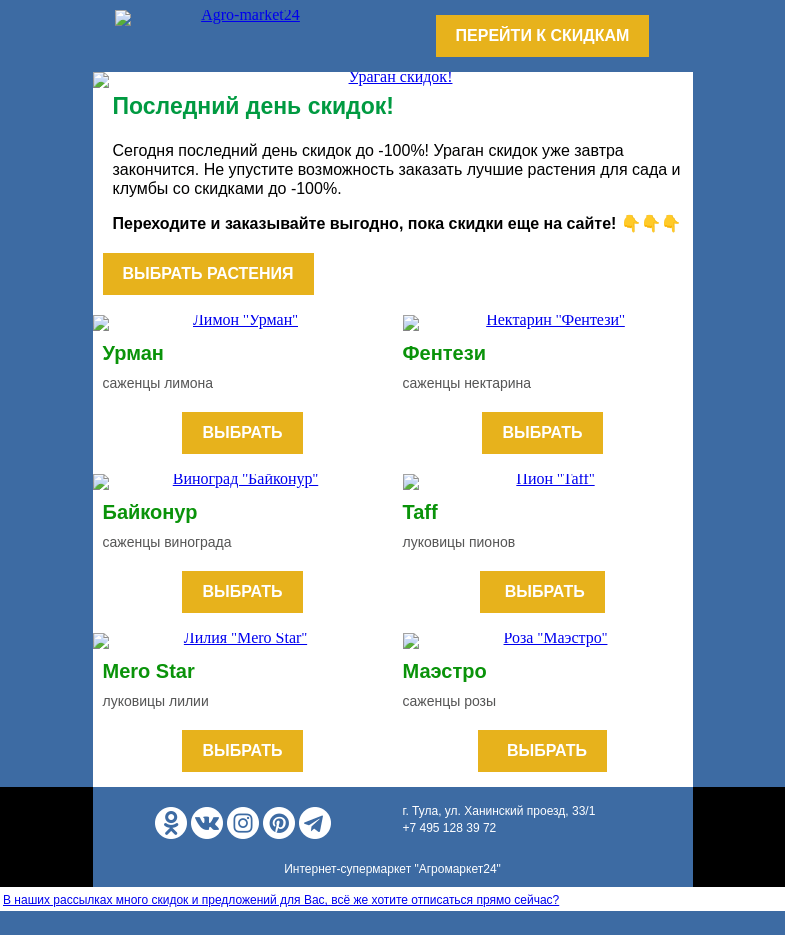 Письмо компании «Agromarket24» на тему «🔥🌱 Последний день акции! До -100% на все растения.»