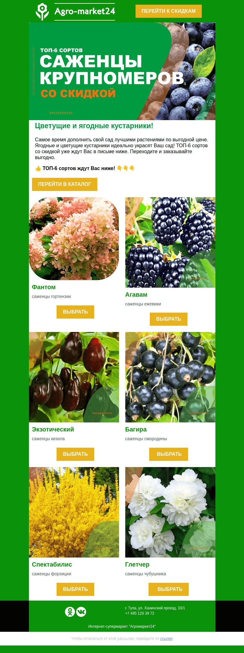Письмо компании «Agromarket24» на тему «🌸🌱ТОП-6 ягодных и цветущих кустарников для сада! Переходите и заказывайте.»