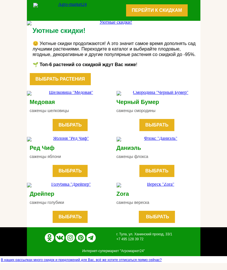Письмо компании «Agromarket24» на тему «🌱👍 Уютные скидки! Растения со скидками до -95% уже в письме.»