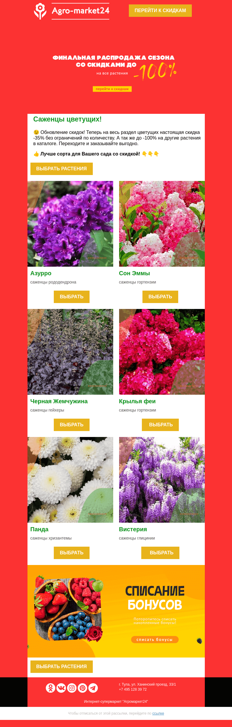 Письмо компании «Agromarket24» на тему «😱🌱 Саженцы цветущих! -35% на весь раздел без ограничений.»