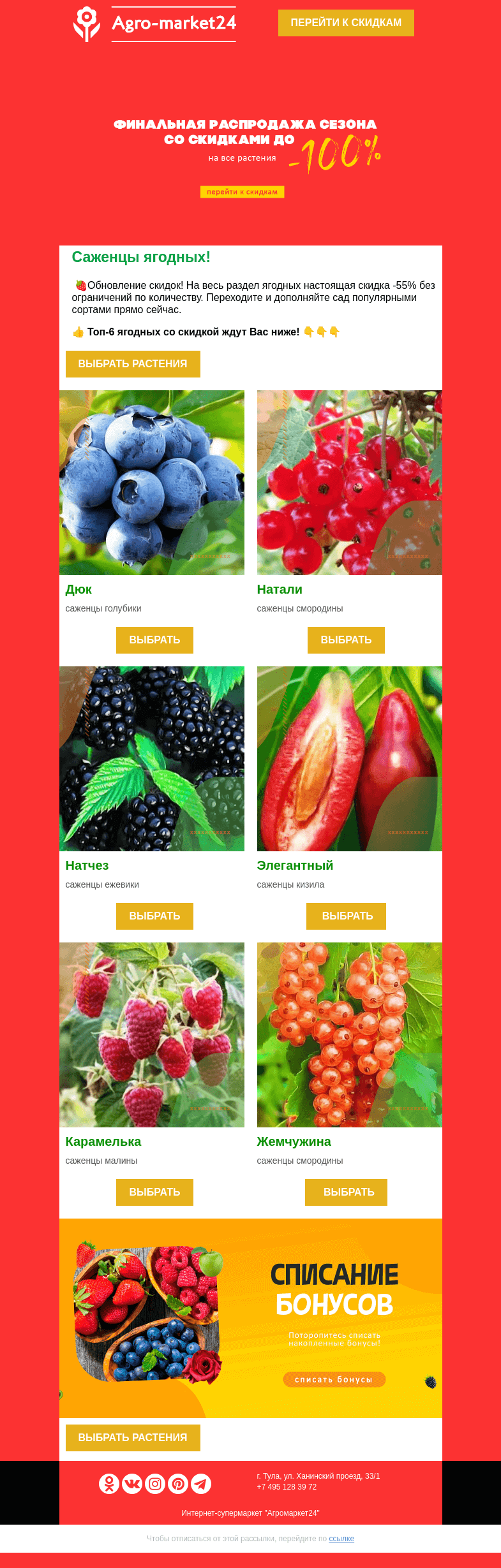 Письмо компании «Agromarket24» на тему «🍓🌱 Саженцы ягодных! Скидка -55% на все сорта в ассортименте.»