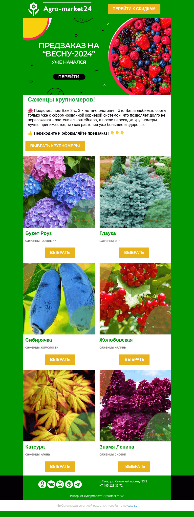 Письмо компании «Agromarket24» на тему «😊🔥 Предзаказ "Весна-2024"! Топ-6 крупномеров для очаровательного сада.»