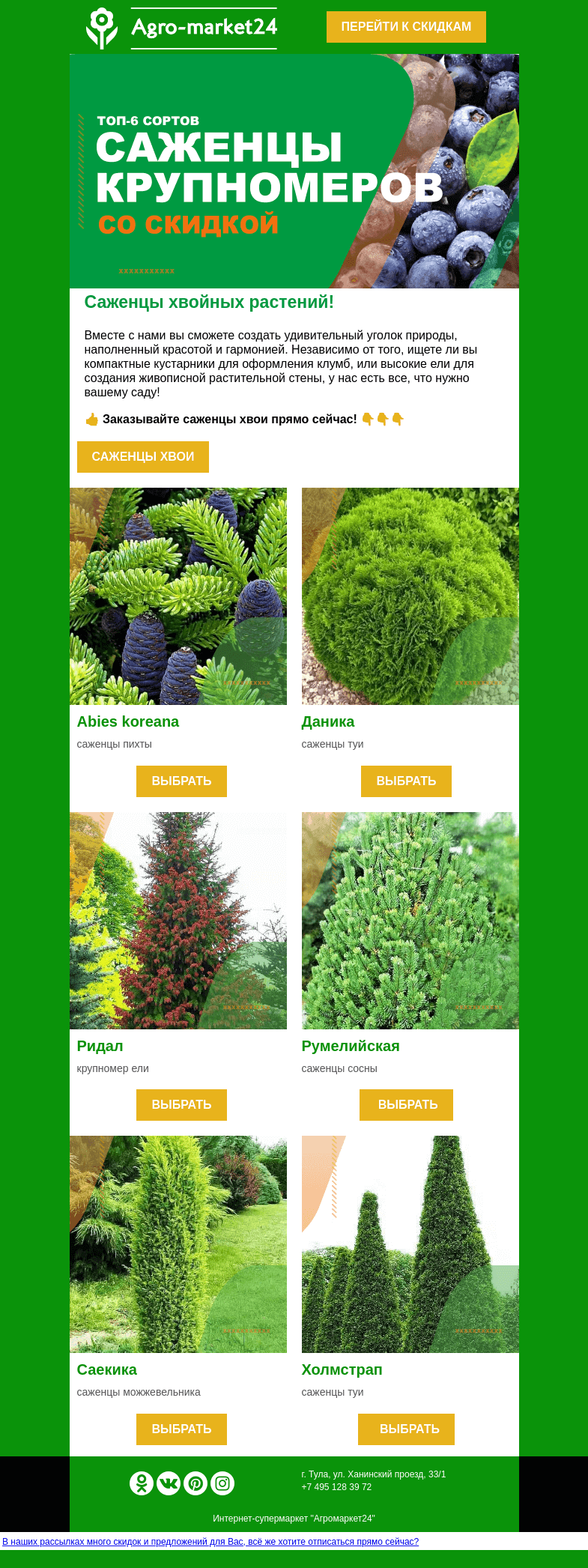 Письмо компании «Agromarket24» на тему «🌱😉 Саженцы хвои! Топ-6 сортов для Вашего сада.»