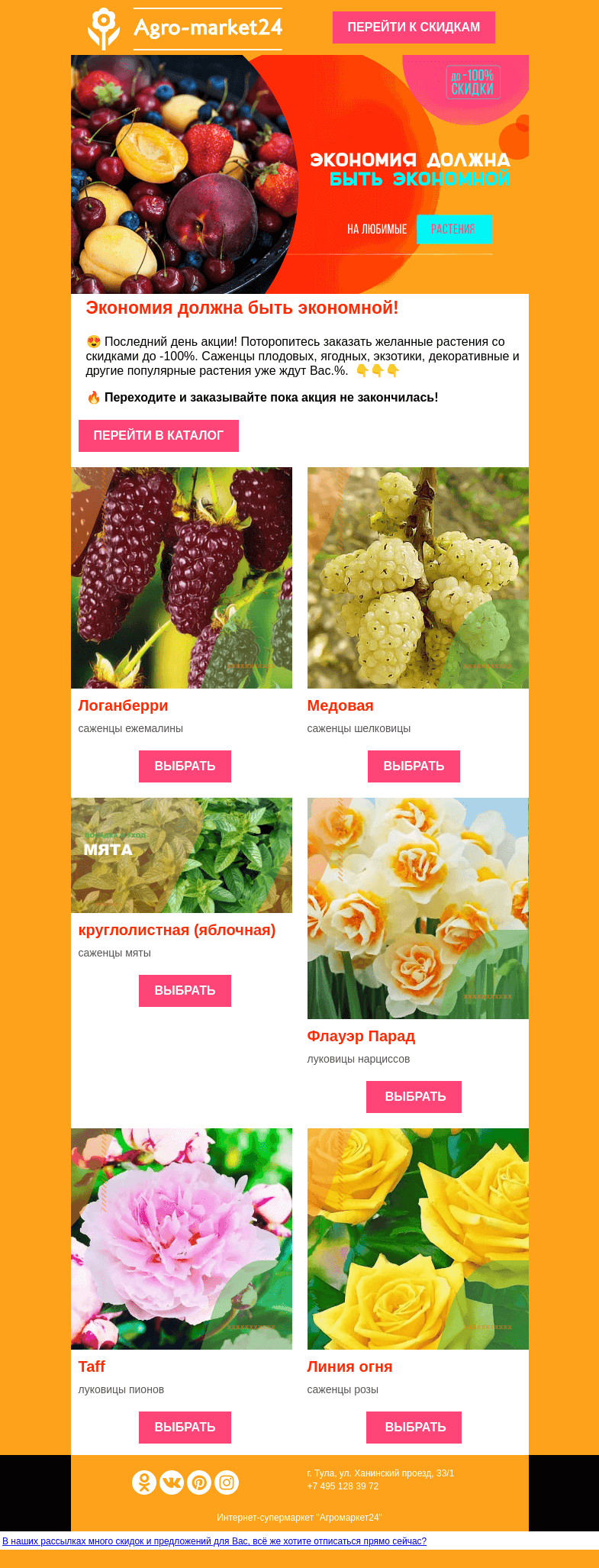 Письмо компании «Agromarket24» на тему «😱🌱 Последний день акции! До -100% на все растения.»