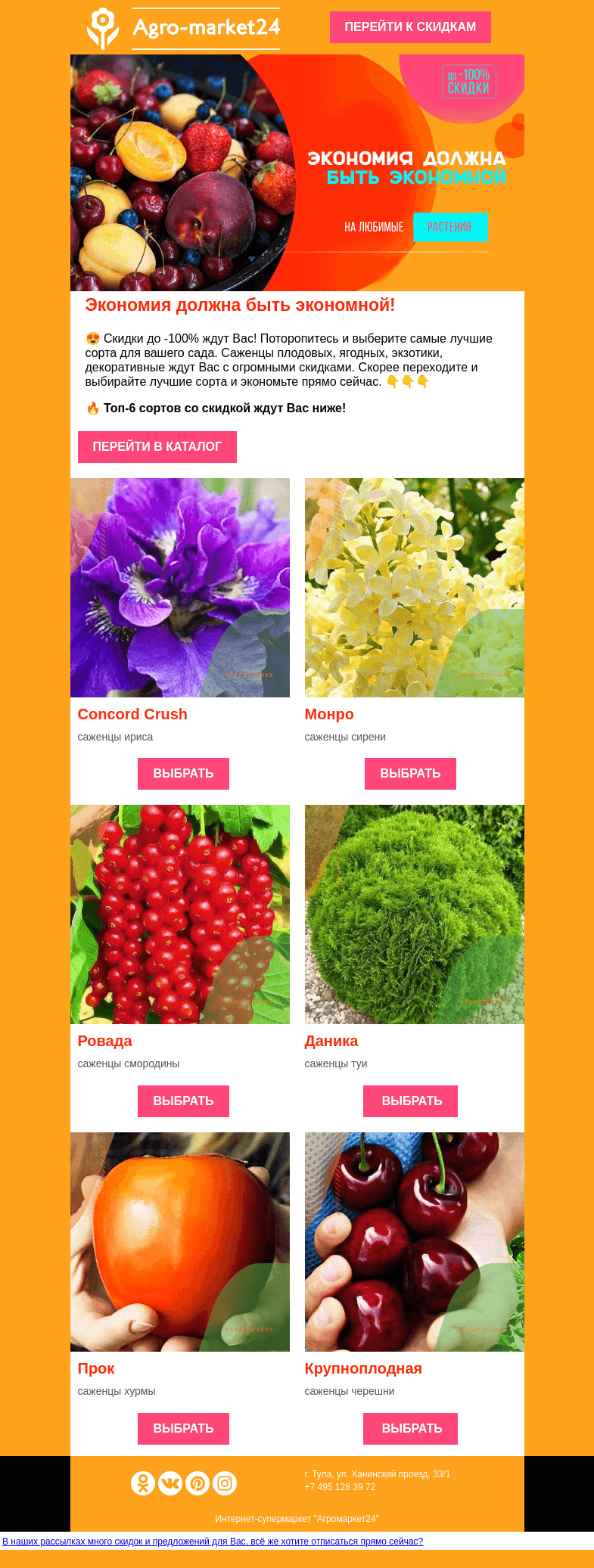 Письмо компании «Agromarket24» на тему «✨👍 До -100% на любимые растения! Переходите и заказывайте выгодно.»