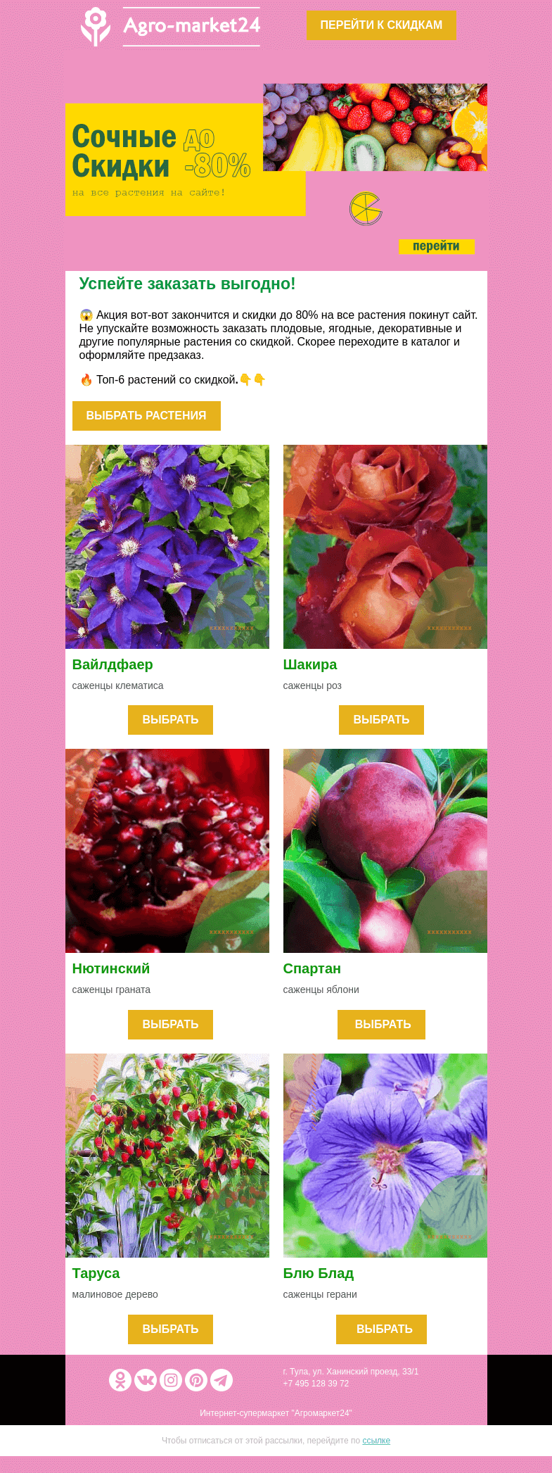 Письмо компании «Agromarket24» на тему «😍🔥 Сочные скидки до -80% на все растения! Успейте заказать выгодно.»