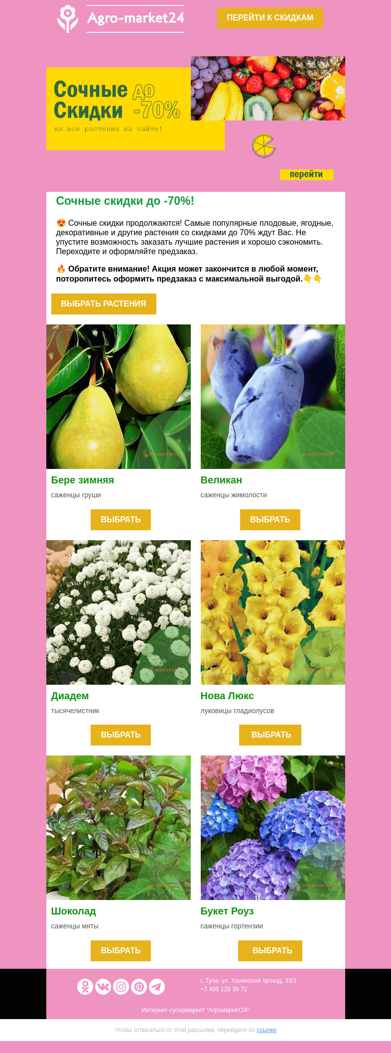 Письмо компании «Agromarket24» на тему «🔥👍 Скидки до -70% на все растения! Переходите и оформляйте предзаказ.»